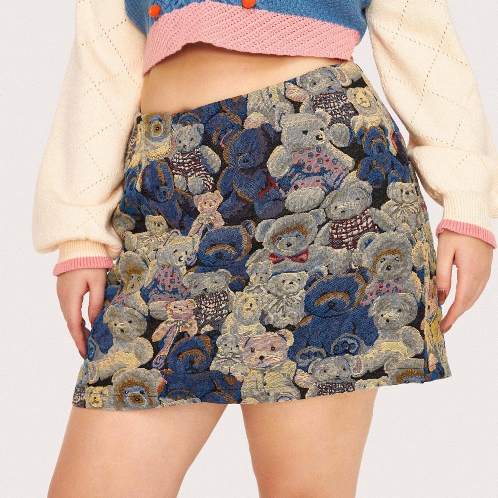 NWT CIDER Curve & Plus Teddy Bear Pattern Mini Skirt 3XL | Jacquard Teddy Bears